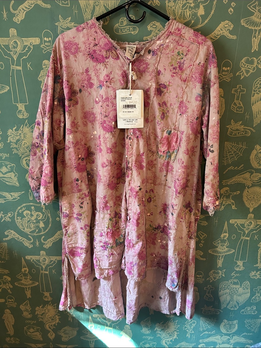 Magnolia Pearl European cotton floral Mada shirt with fading and distressing